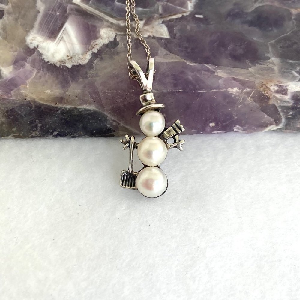 Sterling Silver 925 Dakota West Pearl Snowman Winter Pendant Necklace 18" Chain - Picture 3 of 16